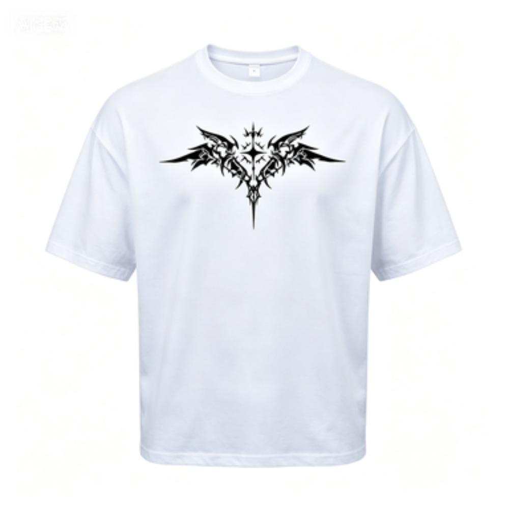 Gothic Thorn Wing Cross Print Unisex Loose Fit T Shirt Casual Streetwear Summer Daily Short Sleeve Athletic Tee Tops