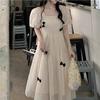 Plus Size Summer French Dress for Women Vintage Loose Square Collar Puff Sleeves Midi Mesh Dresses With Bow
