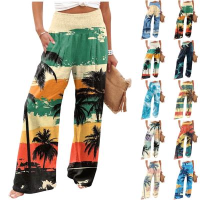Женские летние свободные брюки из хлопка и льна с эластичным поясом и пляжным принтом
