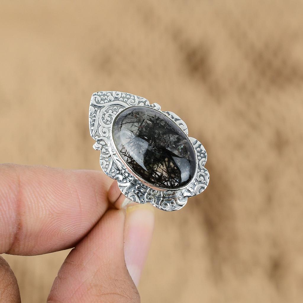 Mothers Day Deal Sterling Silver Oval Black Rutile Stone Promise Ring Jewelry