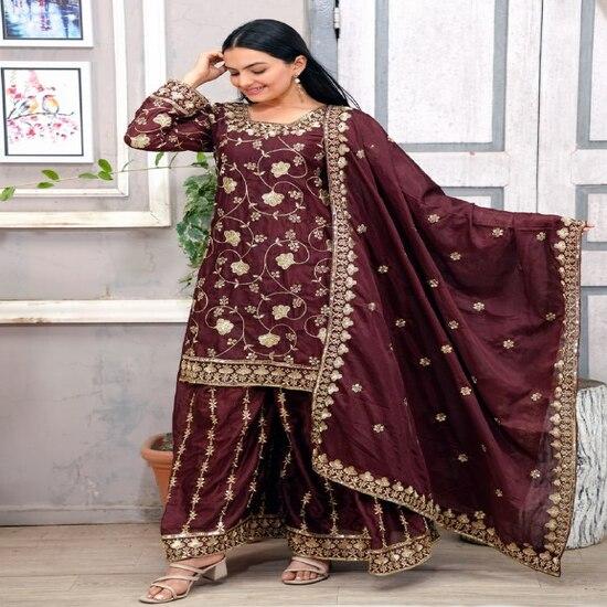 Maroon Embroidered Sharara Suit with Dupatta