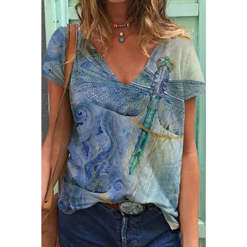 Summer Butterfly Dragonfly 3dV Neck Printed New Women's Top T-shirt