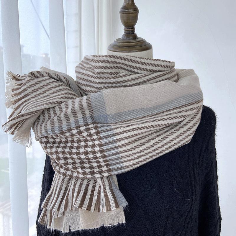 Women's Elastic Soft Plaid Scarf Striped Winter Warm Scarf with Tassel Trim, Versatile Fashion Accessory for Casual Outings