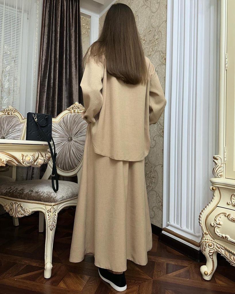 2024 Европейский и американский весенний женский повседневный комплект с рубашкой с длинным рукавом и юбкой миди