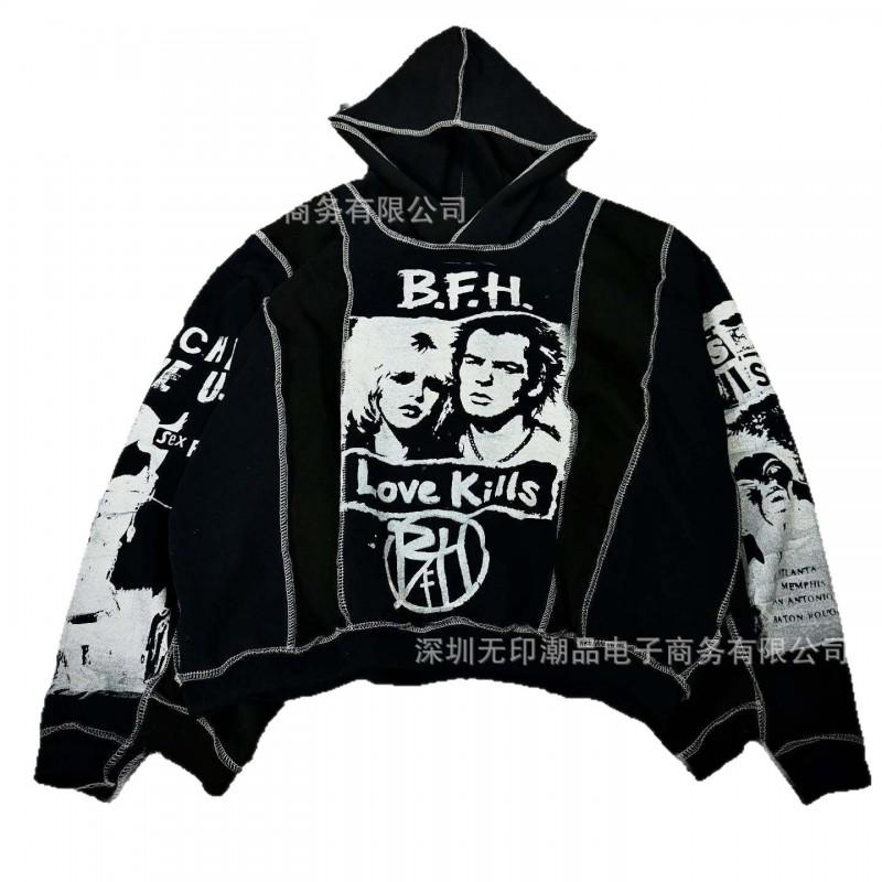 Loose Dark Gothic Patchwork Graphic Hoodie Retro Punk Streetwear Women