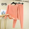 2 Pcs/Set Winter Top Pants Set Thick Plush Round Neck Long Sleeve Elastic Waist Warm Soft Cold Proof Homewear Pajamas Set Thermal Underwear Set