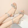 Summer New Silver High Heels with Bow Rhinestone Sandals Fairy Wind Ankle Straps Stiletto Women's Shoes