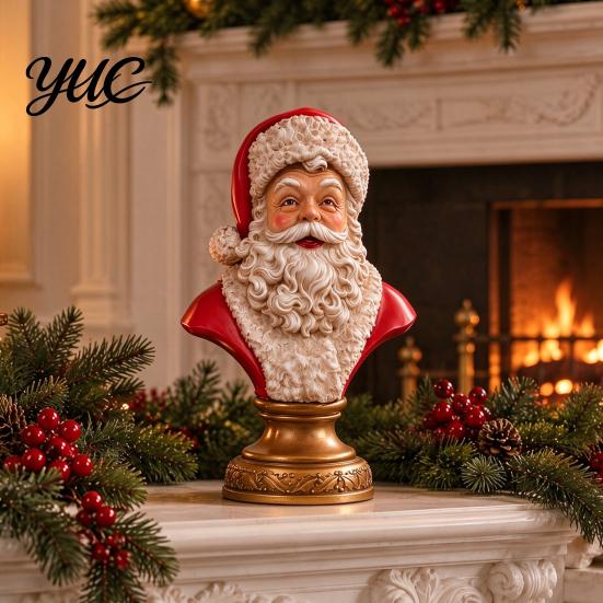 Indoor Winter Holiday Decoration Santa Claus Bust Statue, Resin Head with Vintage Golden Christmas Statue Base, Tabletop Figurine, Mantel Desktop Home