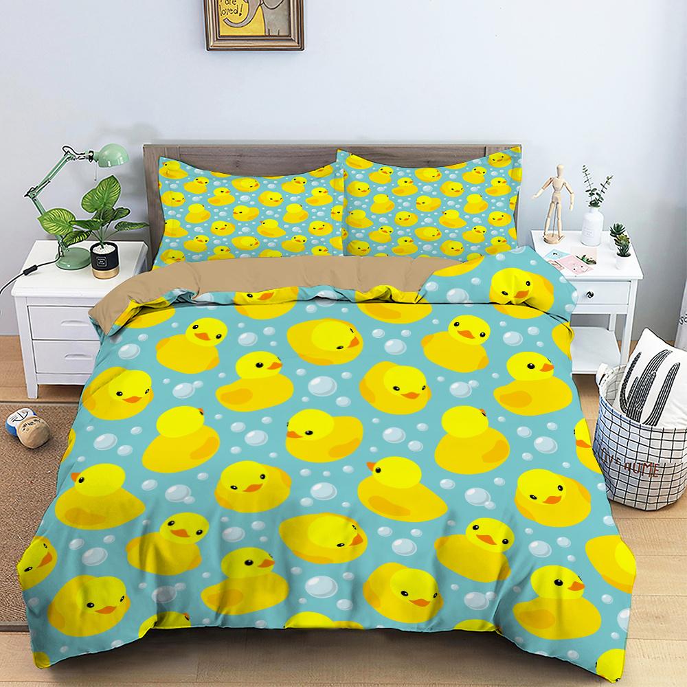 Cartoon Yellow Duck King Queen Duvet Cover Farm Lovely Animal Bedding Set Blue Bubble Quilt Cover Soft Polyester Comforter Cover