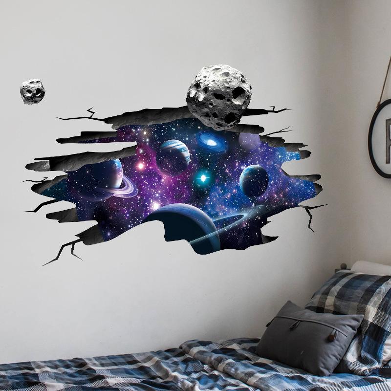 3D Space Galaxy Starry Sky Wall Sticker for Boys Bedroom Self Adhesive PVC Decal Space Planets Breaking Wall Effect Living Room Wall Decoration