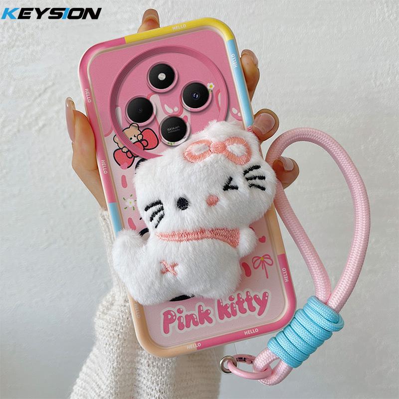 KEYSION Cute 3D Cartoon Plush Case for Redmi 14C with Lanyard Soft Silicone Shockproof Phone Back Cover for Xiaomi POCO C75