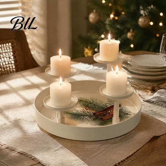 Modern Farmhouse Home Ornament Metal Pillar Candle Holder, Circular 4-Pillar Tiered Stand Heavy Duty Base for Christmas, Wedding, Dining Table,