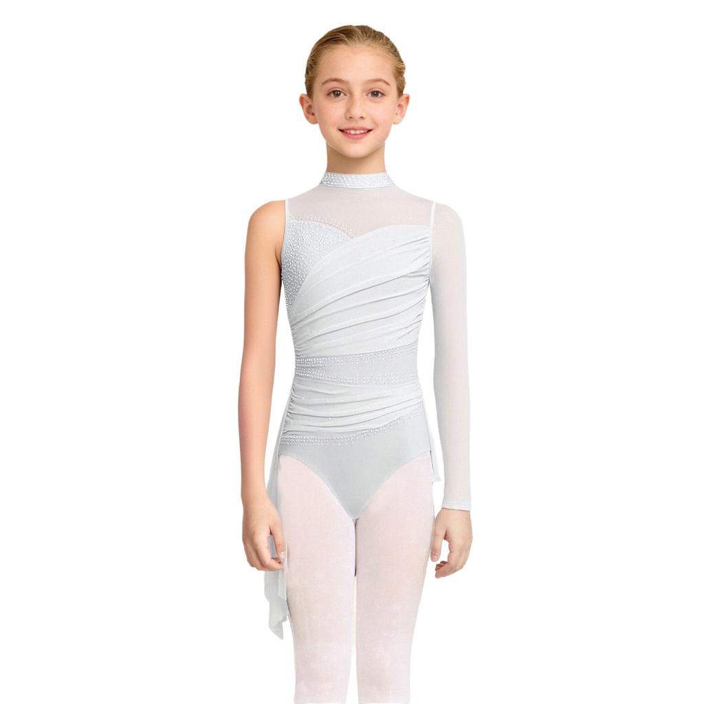 Kids Figure Skating Dress Girls Lyrical Dance Costume Sparkling Rhinestones Leotard with Mesh Skirt for Competition