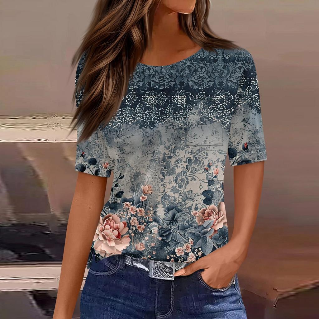 T-Shirts für Damen, Rundhalsausschnitt, elegante, lässige Blusen, bedruckt, kurzärmelig, Sommeroberteile, lockere Passform