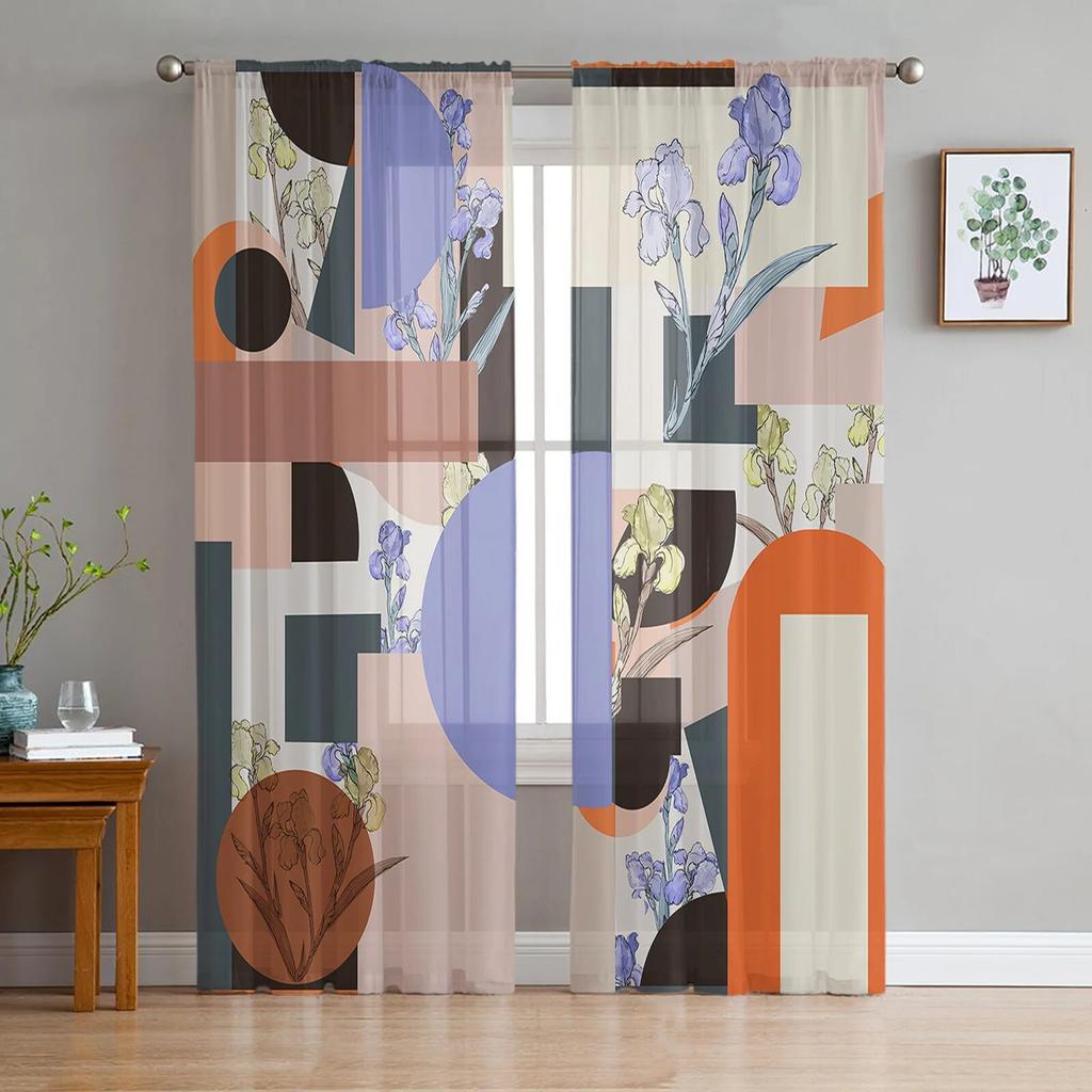 Retro Medieval Flower Color Block Bedroom Transparent Sheer Curtains Holiday Decoration Window Voile Tulle Curtain