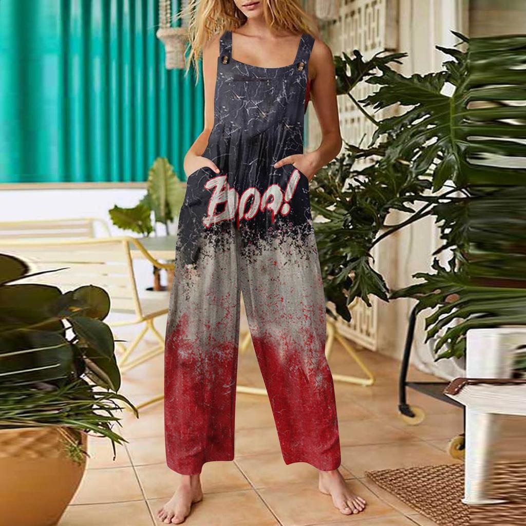 Женский модный повседневный винтажный комбинезон без рукавов на пуговицах с принтом на Хэллоуин