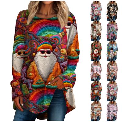 Женская повседневная футболка больших размеров с длинными рукавами и круглым вырезом с 3D рождественским принтом, топ, пуловер
