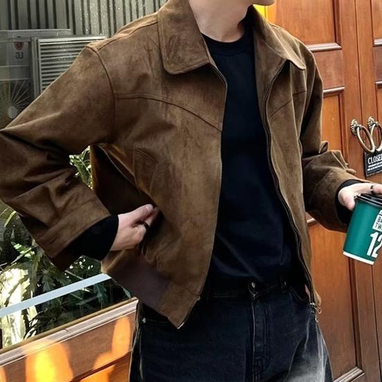 Men Short Jacket Lapel Long Sleeve Zipper Closure Solid Color Design Coat with