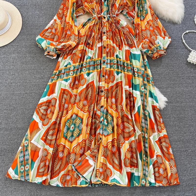 Платья Temperament Lantern Длинные рукава Круглый вырез Тонкий однобортный принтованное платье Элегантные винтажные шикарные женские платья