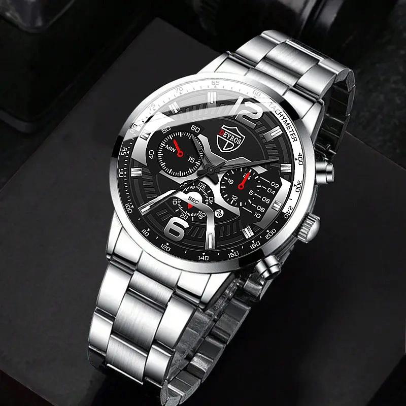 3pcs/set, Fashion Men's Calendar Sports Quartz Watch with Stainless Steel Strap & Bracelet & Necklace, Best Gifts for Him