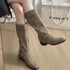 Sheepskin Version! Retro Thick Heel Medium Tube Suede Knight Boots Pointed Western Cowboy Boots Women Wear Belt Buckle Short Boots