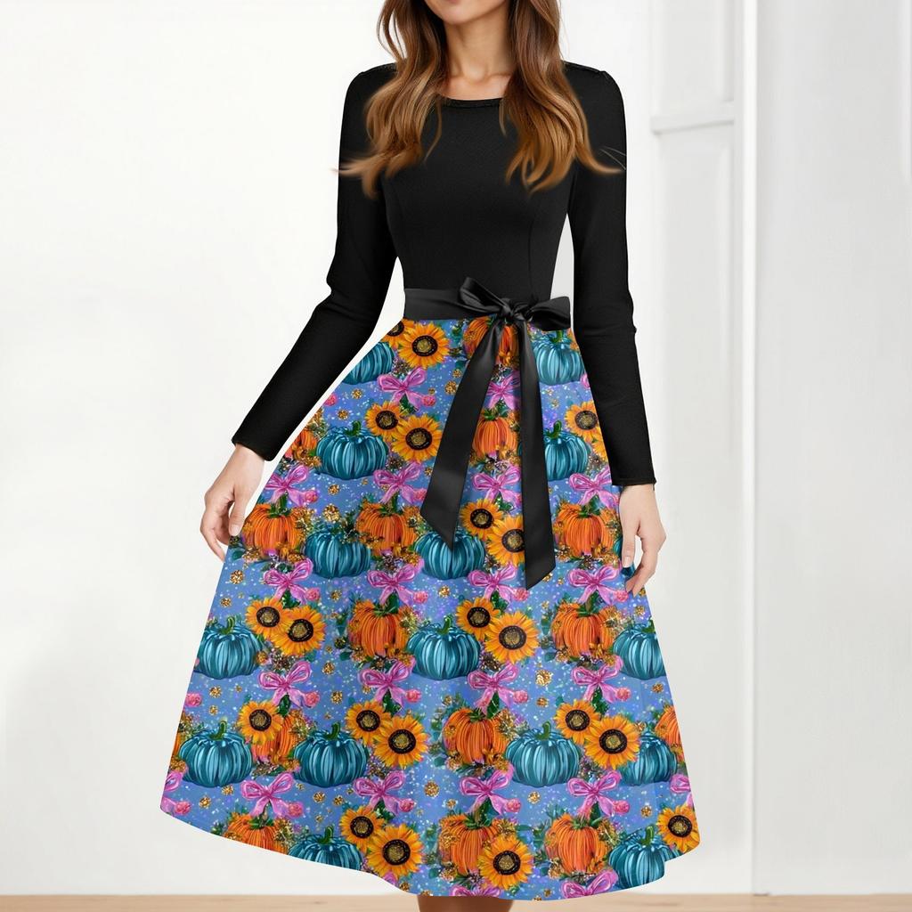 Women's Casual Fashion Halloween Printed Round Neck Vintage Dress