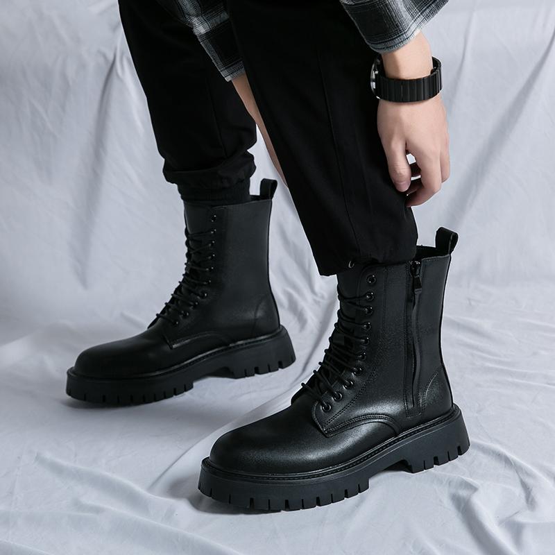 Black Ankle Boots for Men Lace-up Zipper Pu Safety Shoes Motorcycle Boots Gray Brown Platform Boots