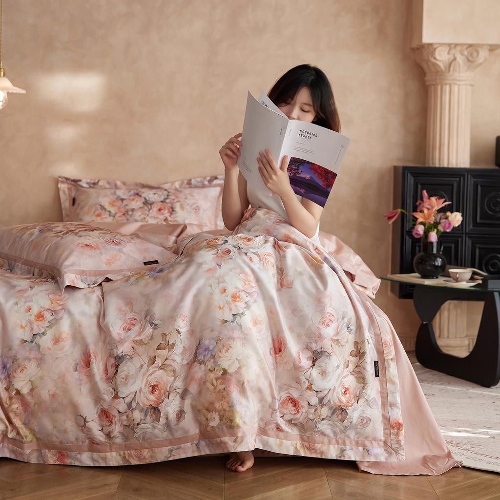 Легкий люкс Класс А 100S Длинноволокнистый хлопок Сатин Цветочная цифровая печать Четырехпредметный комплект Простыня Пододеяльник Постельное белье