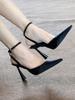 Temperament Black Satin One-word Buckle with Bag Head Sandals Women's Thin Heels Pointed High Heels