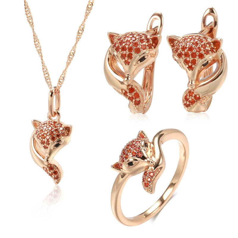 Kinel Red Natural Zircon Fox Jewelry Set Vintage Rose Gold Color Animal Necklace Earrings And Ring Sets