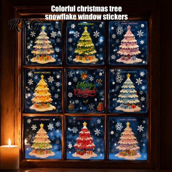 Static Cling Window Decals 9Pcs Macaron Christmas Tree Clings, Snowflake Gift Glass Stickers, Reusable for Shop Home Holiday Decoration Atmosphere