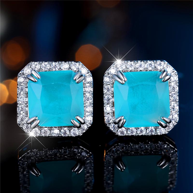 Элегантные квадратные серьги-гвоздики из циркона Параиба для женщин серебряного цвета, свадебные украшения