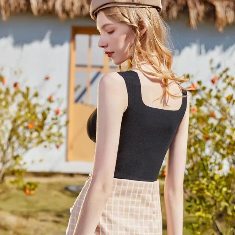 Новый камзол с широкими плечами и квадратным вырезом, красивый жилет с резьбой сзади, женский бесшовный цельный повседневный однотонный топ с фиксированной чашкой