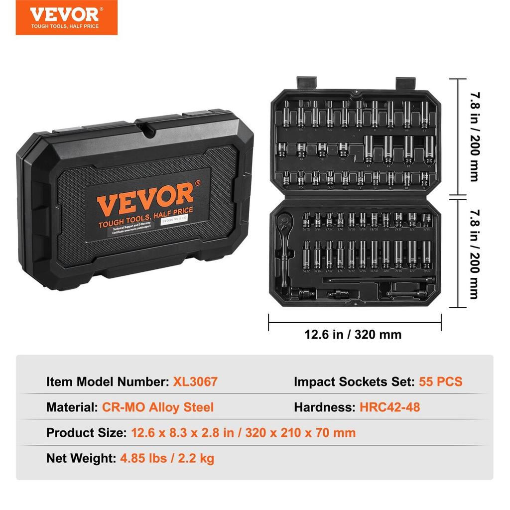 Impact Sockets Set 55pcs 6-Point 1/4" Drive Bit Ratchet Tool Kit Case
