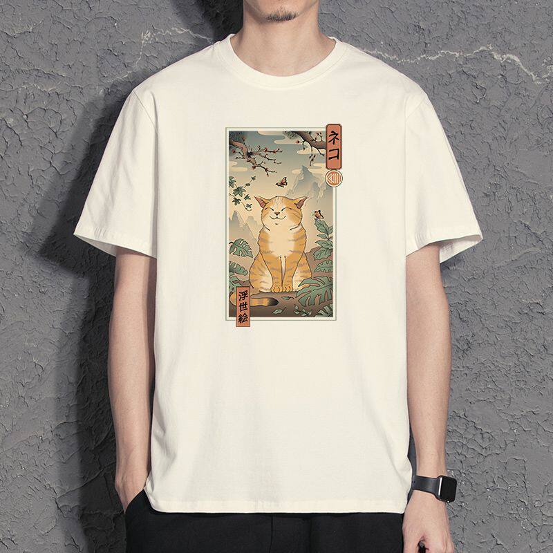 Japanese Orange Cat Pure Cotton Printed Mens And Womens Personalized Casual Short Sleeved New Fashionable Round Neck Tshirt