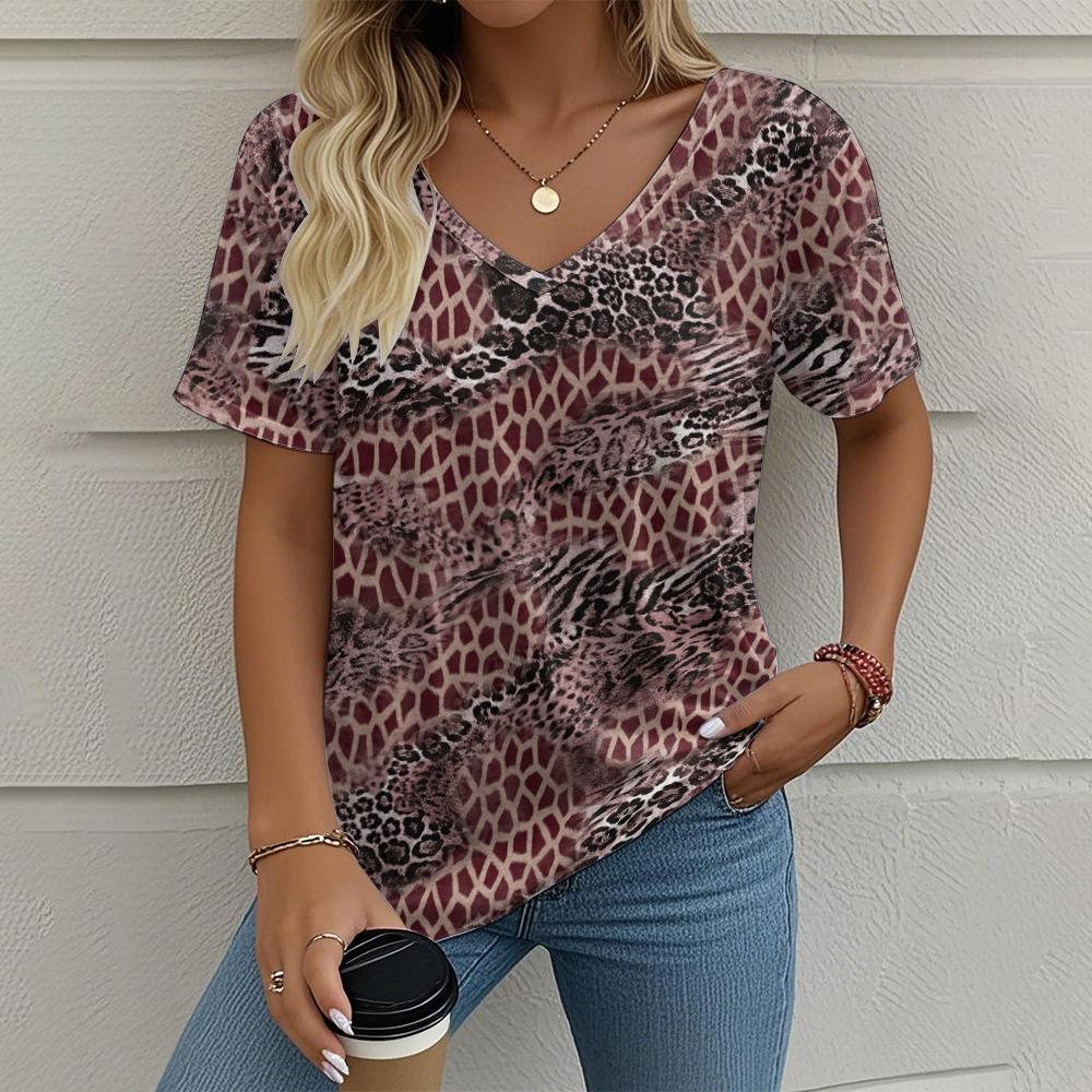Летняя винтажная женская футболка Повседневная графическая печать Одежда больших размеров Верхняя одежда с V-образным вырезом и коротким рукавом Футболки уличной моды