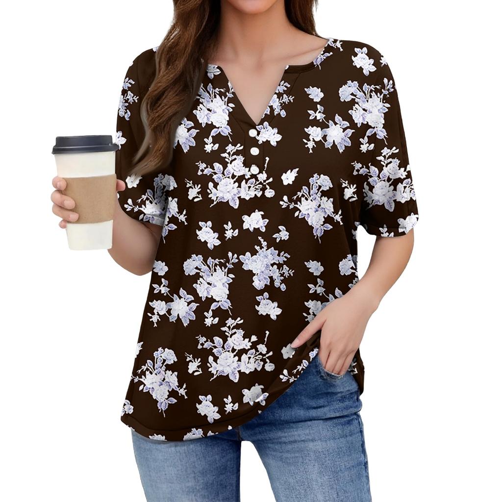 Women's T Shirt Tee Print Button Short Sleeve Daily Weekend Fashion Basic V- Neck Regular Top