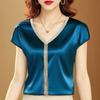 Women Silk Fashion Tops Solid V-neck Tassel Satin Bat Sleeve Blouse For Women Office Lady Loose Plus Size Blouse Blusa 15494