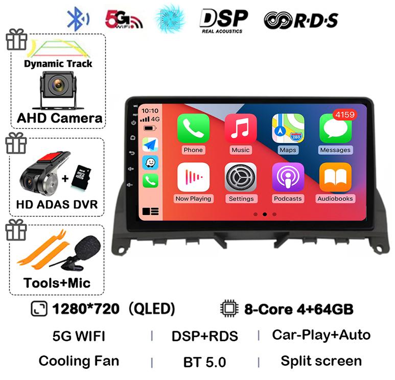 Android 14 Carplay Auto For Mercedes Benz C Class 3 W204 S204 2006-2011 Car Radio Autoradio Stereo Multimedia Player WIFI+4G DSP