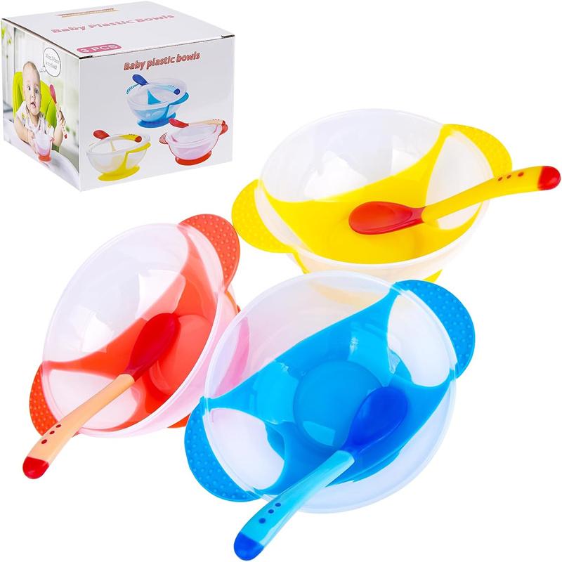 Детские миски с присоской, крышкой с защитой от проливания, ложкой с датчиком температуры, чашей бинаурального дизайна (Пакет из 3)