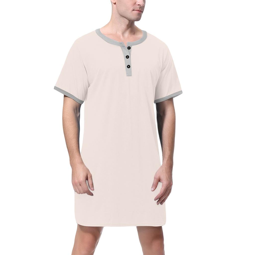 Мужская однотонная хлопковая пижама с коротким рукавом, рубашка на пуговицах с отложным воротником, длинная свободная пижама, домашняя одежда