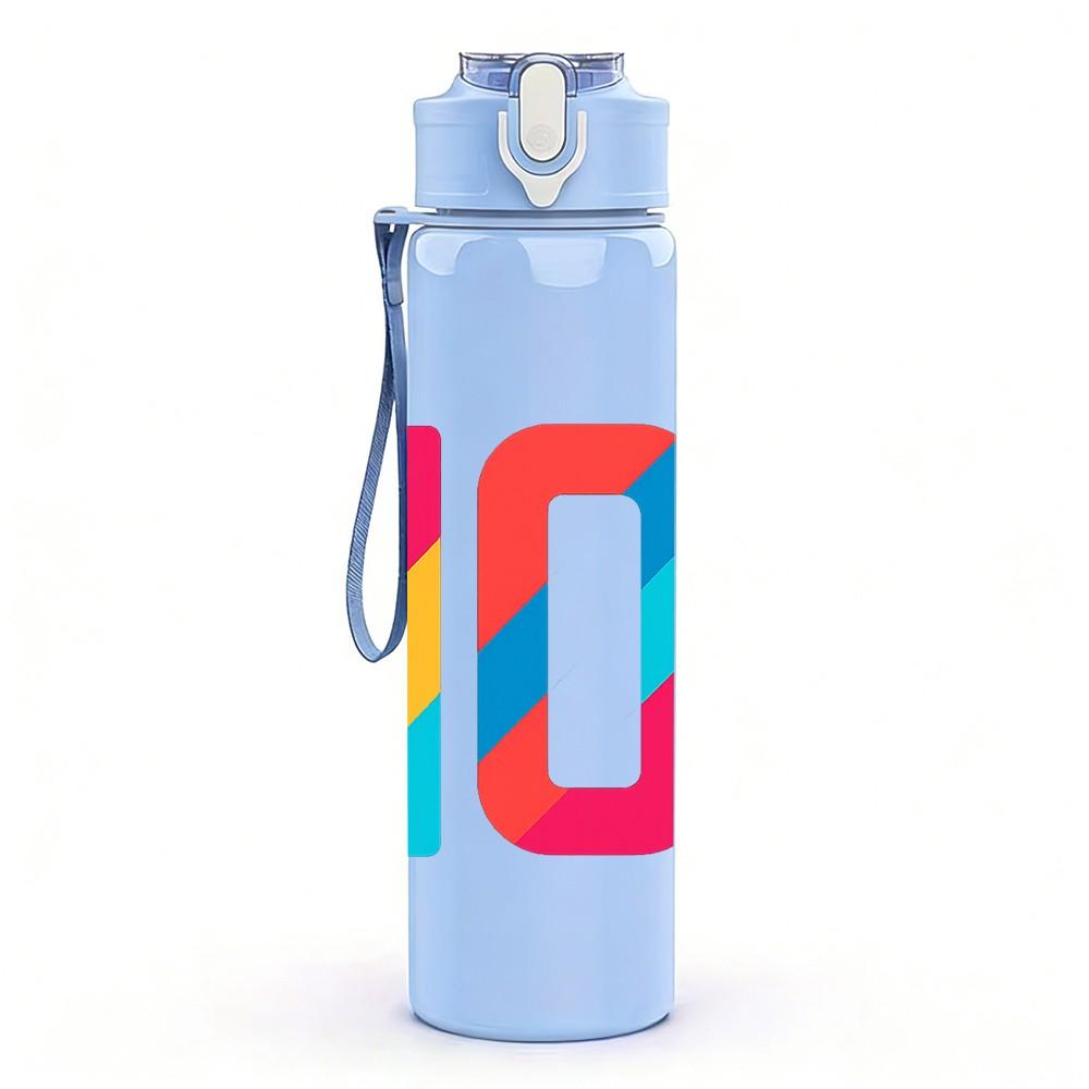 1PC Colorful Number Ten Pattern 750ml Color Plastic Sports Water Bottle Leakproof Flip Straw Lid Suitable for Sports Office Home Use