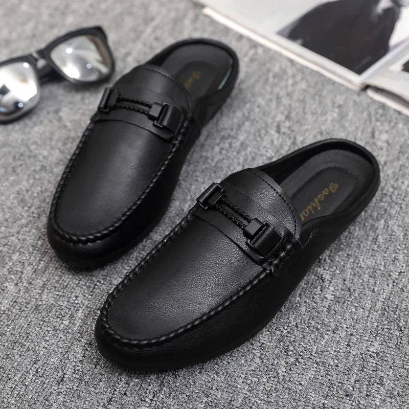 Fashion Summer Leather Men's Half-slipper Breathable Men's Casual Shoes Comfortable Walking Loafers Shoes
