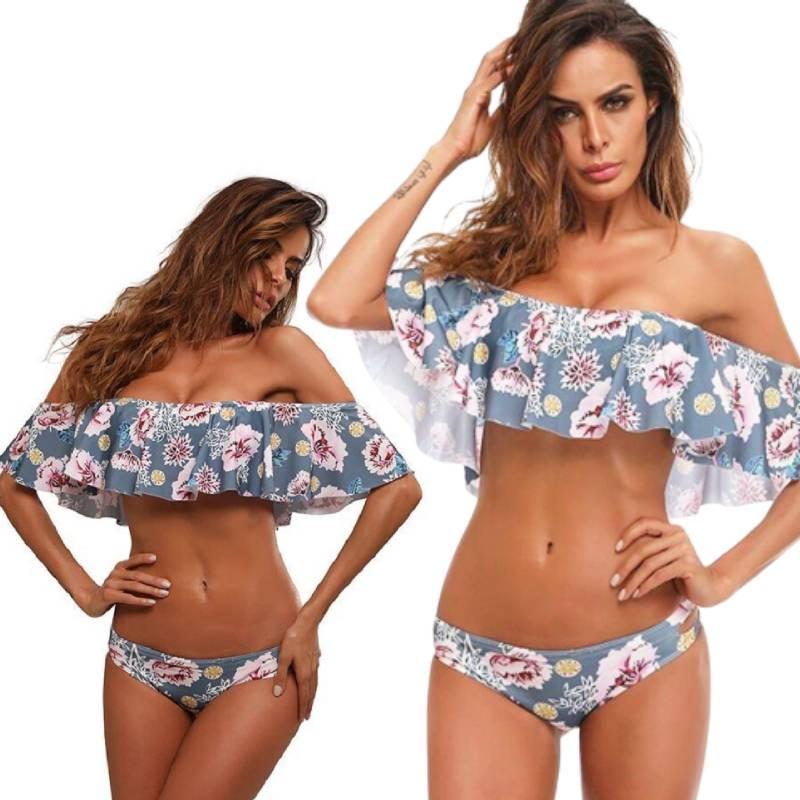 Sexy Off-the-shoulder Bikini With Ruffled Edges And Floral Accents High Quality Polyester Material