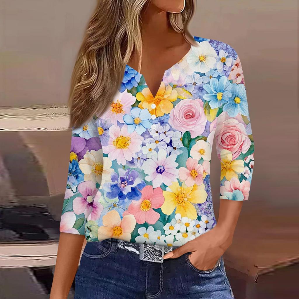 Women's T Shirt Tee Print Button 3/4 Sleeve Daily Weekend Fashion Basic V Neck Regular Top