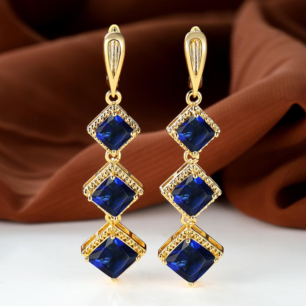 Длинные висячие серьги-крючки с синим камнем принцессы, цвет серебра, желтого золота, квадратной огранки, кольцо для невесты, обручальные украшения