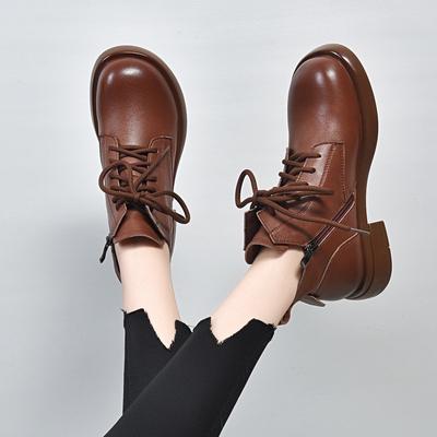 Ботильоны с круглым носком женские ботинки 2025 осень новые в британском стиле на плоской подошве шнуровка ботинки Мартина первый слой коровьей кожи удобные женские кожаные