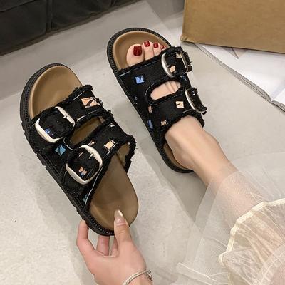 Модные универсальные ретро повседневные двойные шлепанцы женские на плоской подошве с круглым носком и открытым носком прохладные шлепанцы женские 2025 лето новинка