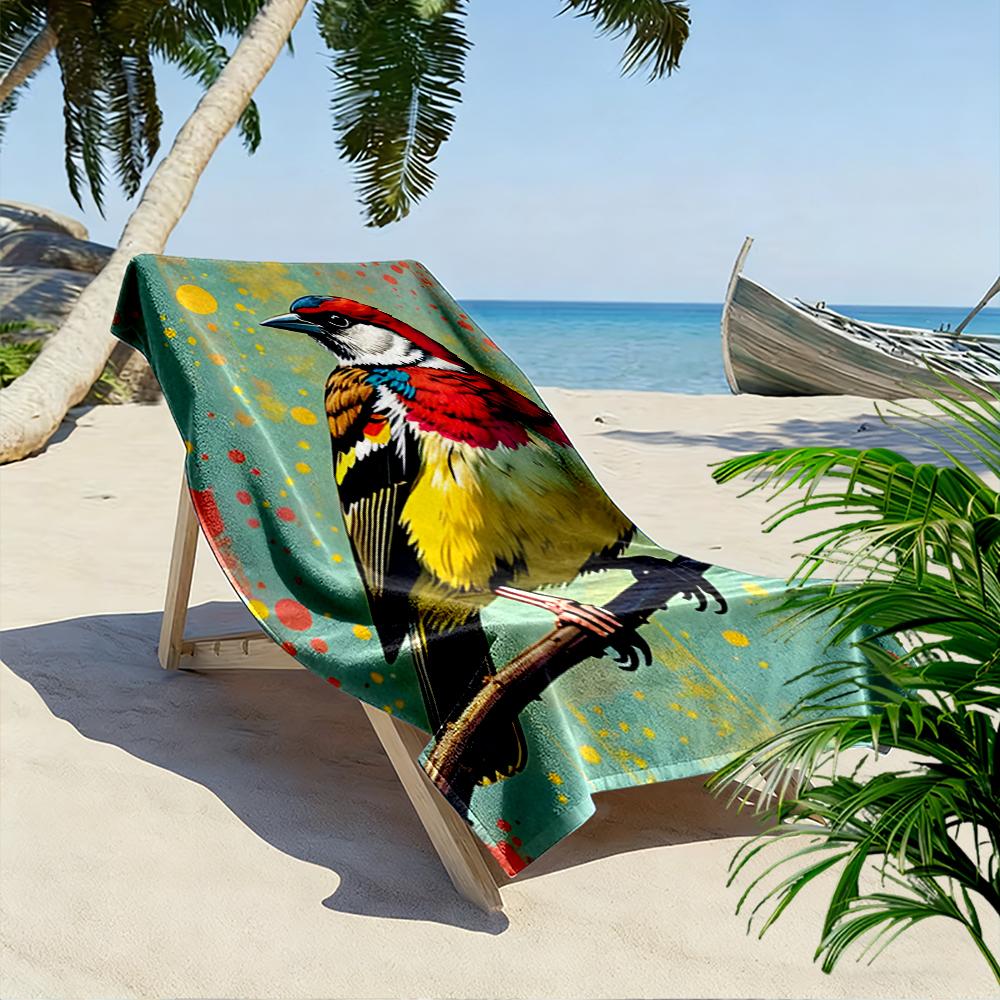 Colorful Bird Illustration on Branch Beach towel quick-drying for travel outdoor sports jogging beach and swimming