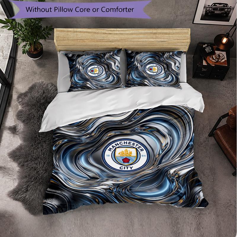 Manchester City Pattern 3 Pieces Bedding Set Soft Microfiber Duvet Cover with Pillow Cases for Bedroom